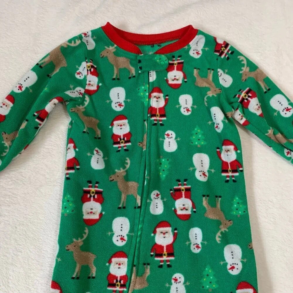 5/$25 Carter's‎ Kids Green Christmas Santa Fleece Footed Pajamas 18M